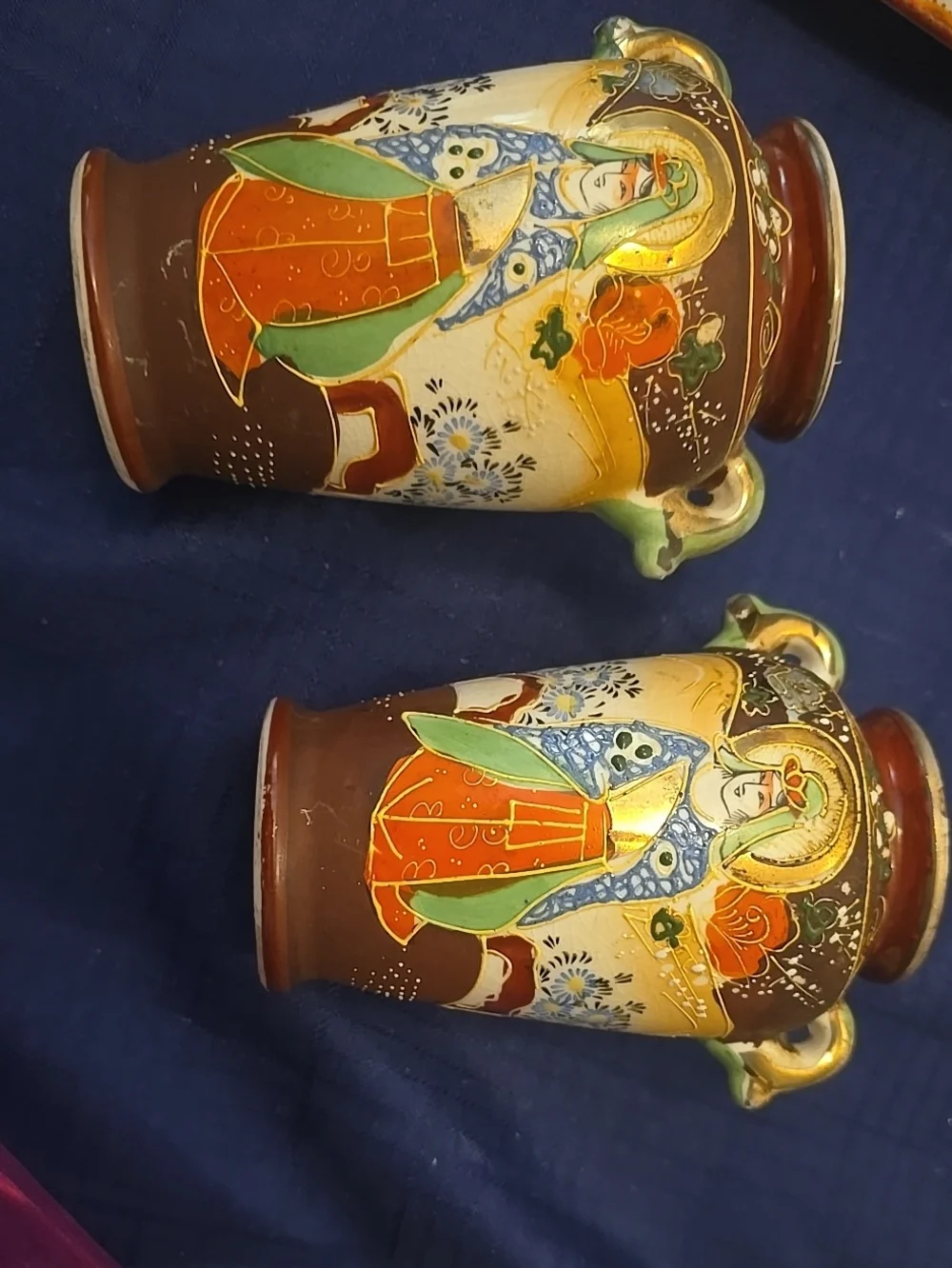 Decorative Hand-Painted Ceramic Vases in Brown, Green & Gold — Pair